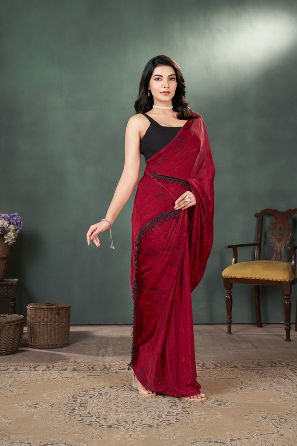 Velvet Satin Prism Print Red Saree